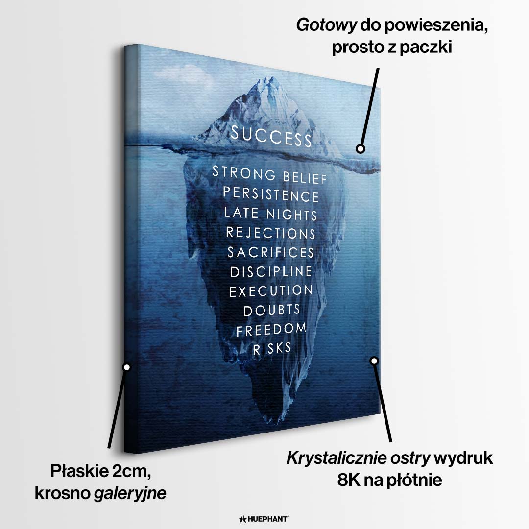Motywacyjny obraz na płótnie Iceberg of Success marki Huephant. Wydruk galeryjny przedstawiający górę lodową sukcesu w czarnej ramie, sztuka nowoczesna do biura.