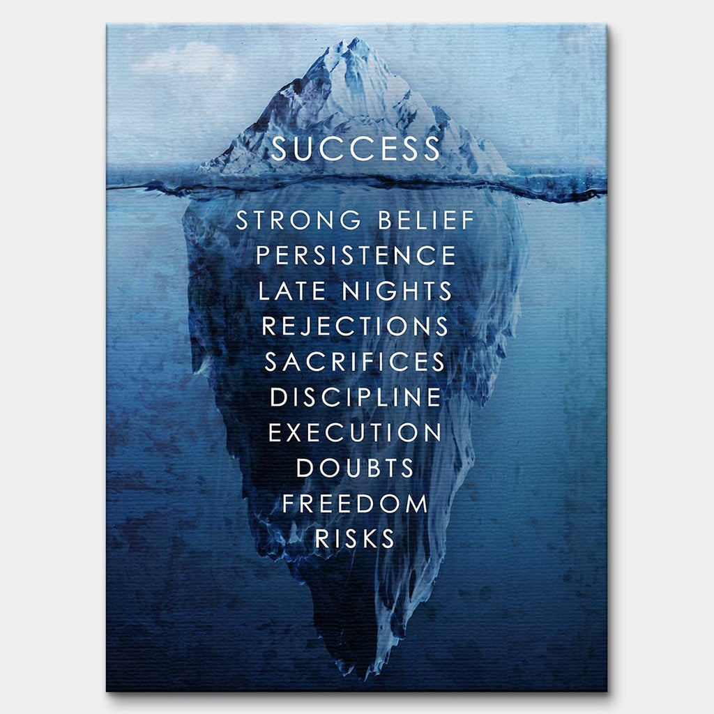Motywacyjny obraz na płótnie Iceberg of Success marki Huephant. Wydruk galeryjny przedstawiający górę lodową sukcesu w czarnej ramie, sztuka nowoczesna do biura.