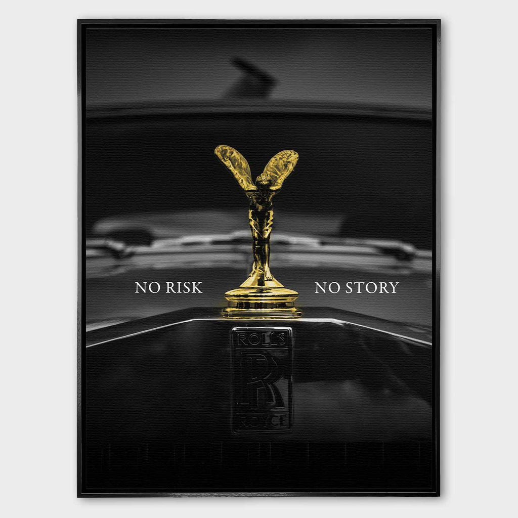 Motywacyjny obraz na płótnie przedstawiający złoty emblemat Rolls-Royce Spirit of Ecstasy z napisem „NO RISK NO STORY” – symbol odwagi, luksusu i sukcesu.