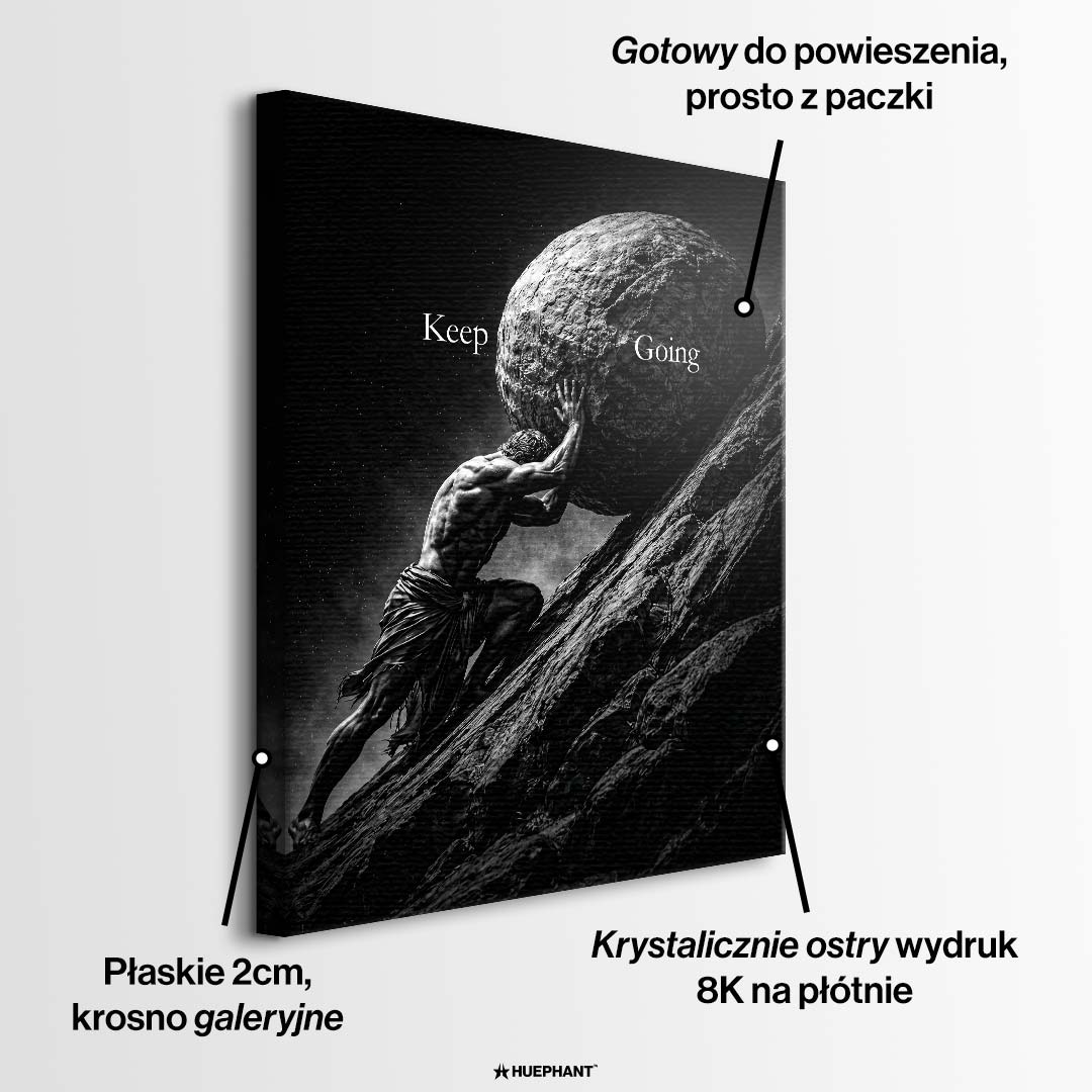 Czarno-biały obraz na płótnie Syzyf Keep Going marki Huephant. Wydruk galeryjny przedstawiający mężczyznę pchającego głaz pod górę.