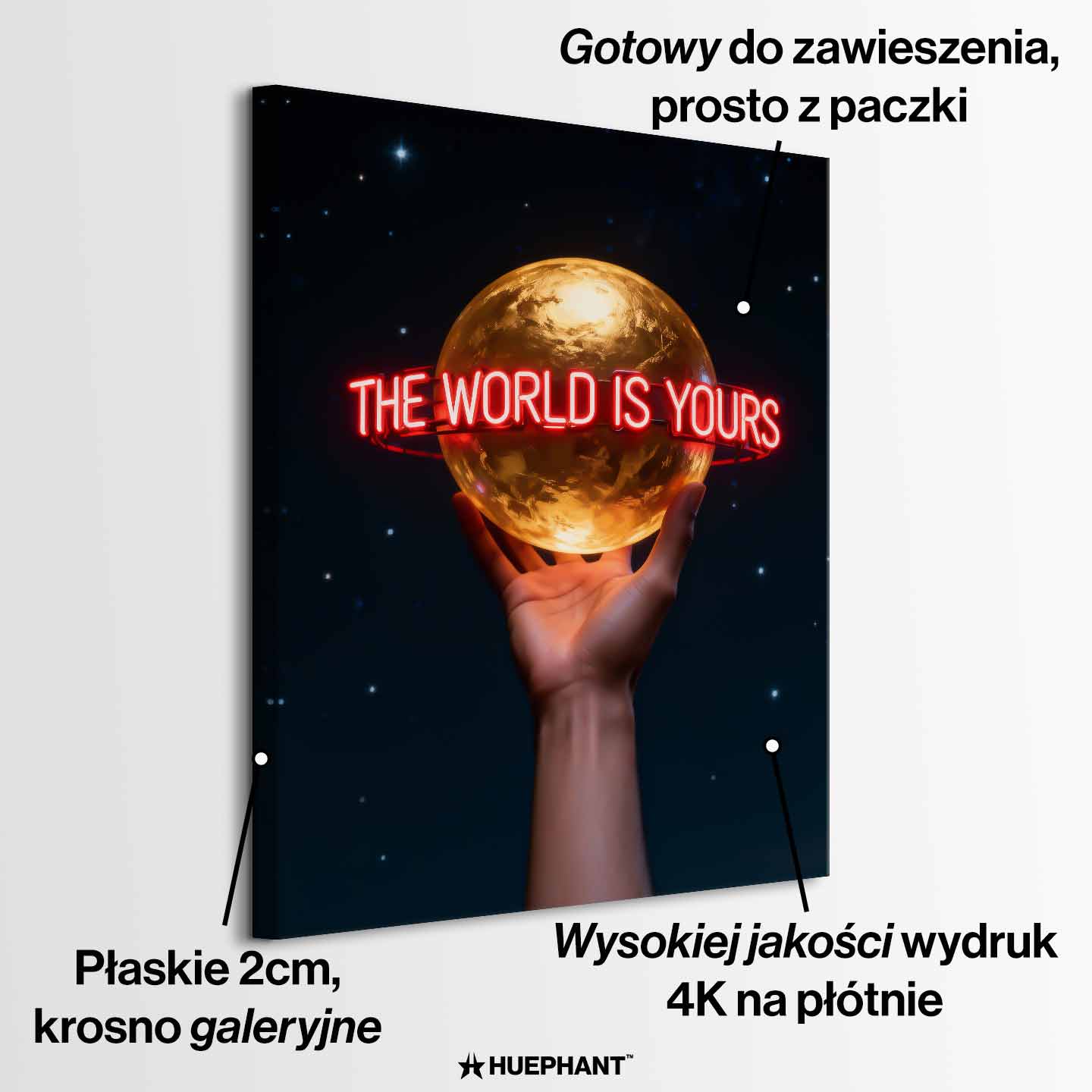 Motywacyjny obraz na płótnie The World Is Yours – ręka trzymająca złoty glob z neonowym napisem, symbol ambicji i wiary w siebie.