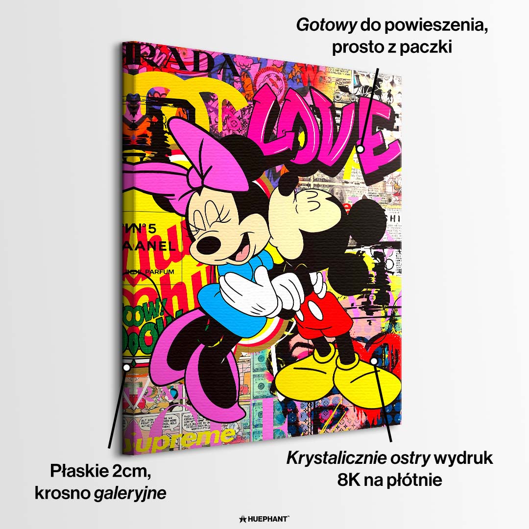 Obraz na płótnie Mouse Love – stylizowana para myszek, różowy napis LOVE i kolorowy kolaż pop art, nowoczesny wydruk galeryjny.