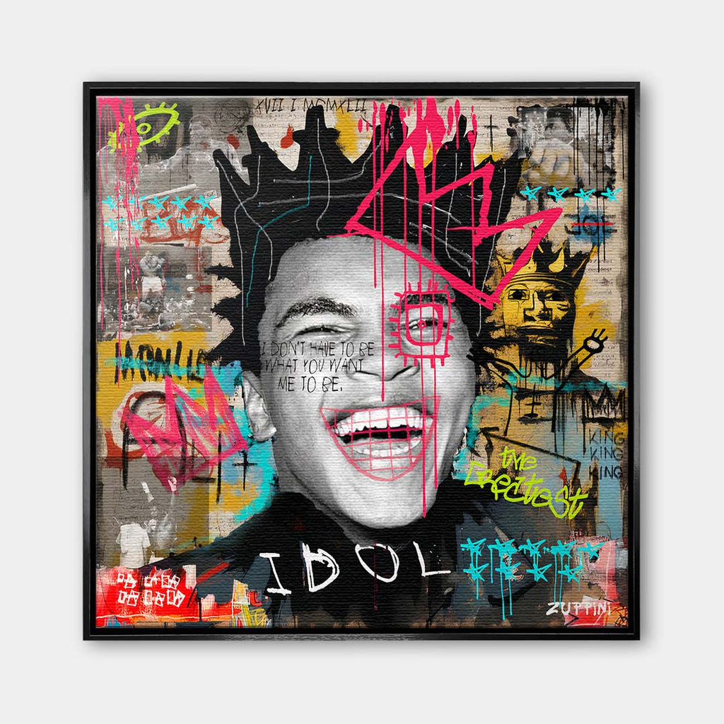 Obraz na płótnie z uśmiechniętym Muhammadem Alim w koronie z motywami street artu i graffiti. Nowoczesny wydruk galeryjny pop-art.