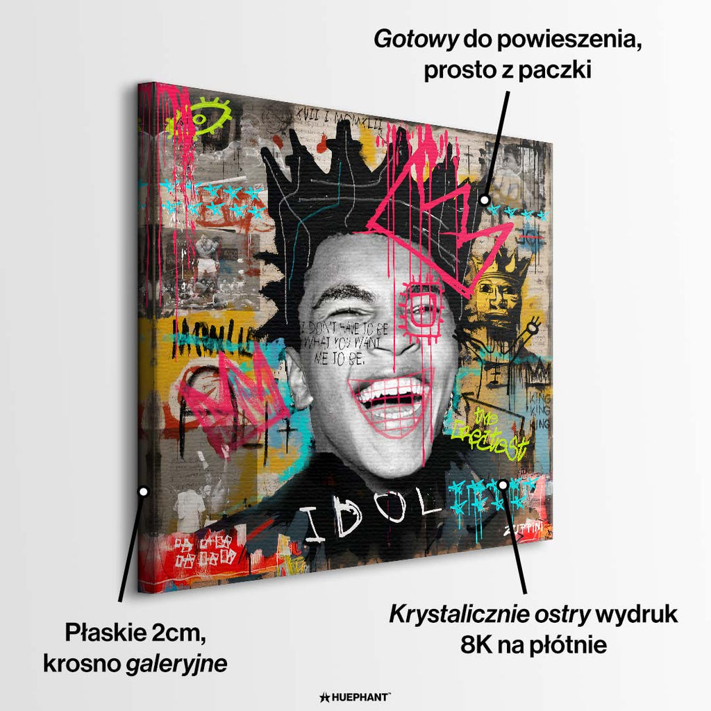 Obraz na płótnie z uśmiechniętym Muhammadem Alim w koronie z motywami street artu i graffiti. Nowoczesny wydruk galeryjny pop-art.