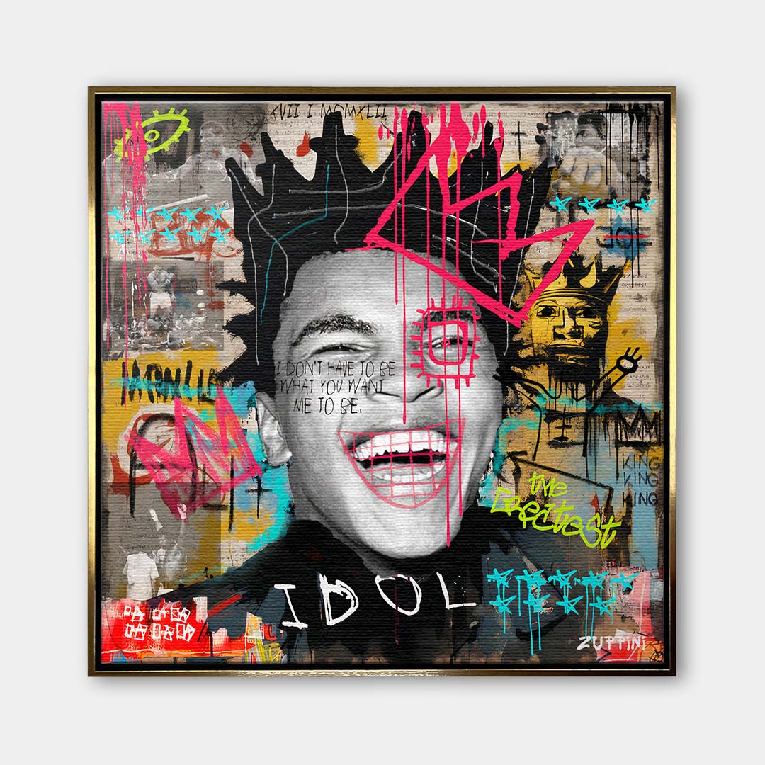 Obraz na płótnie z uśmiechniętym Muhammadem Alim w koronie z motywami street artu i graffiti. Nowoczesny wydruk galeryjny pop-art.