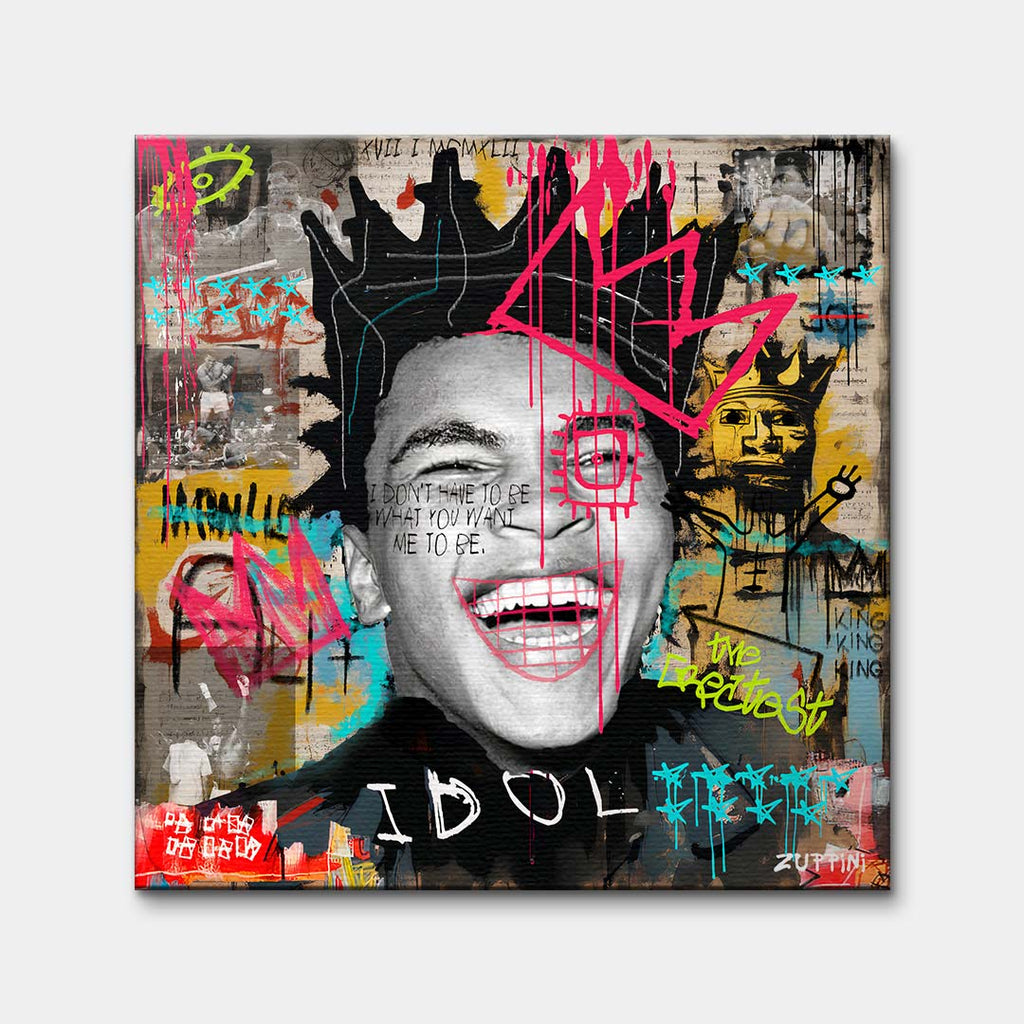 Obraz na płótnie z uśmiechniętym Muhammadem Alim w koronie z motywami street artu i graffiti. Nowoczesny wydruk galeryjny pop-art.