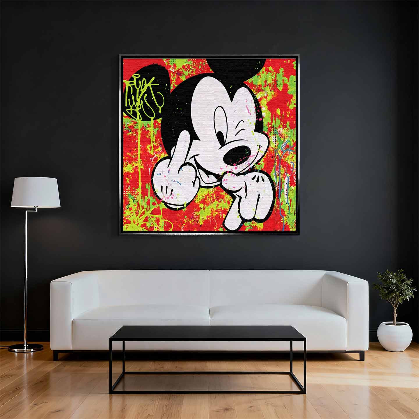 Obraz na płótnie Love You z ikoniczną myszką na czerwono-zielonym tle, kolorowy wydruk galeryjny w stylu pop-art i street art.