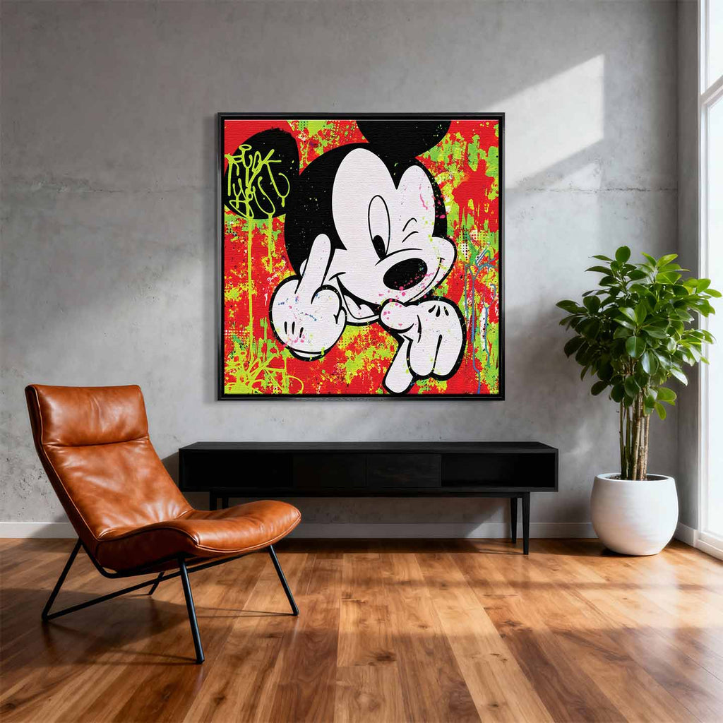 Obraz na płótnie Love You z ikoniczną myszką na czerwono-zielonym tle, kolorowy wydruk galeryjny w stylu pop-art i street art.