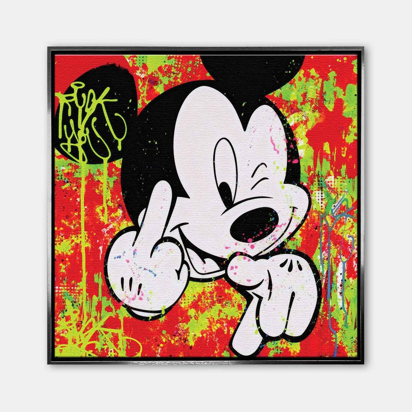 Obraz na płótnie Love You z ikoniczną myszką na czerwono-zielonym tle, kolorowy wydruk galeryjny w stylu pop-art i street art.
