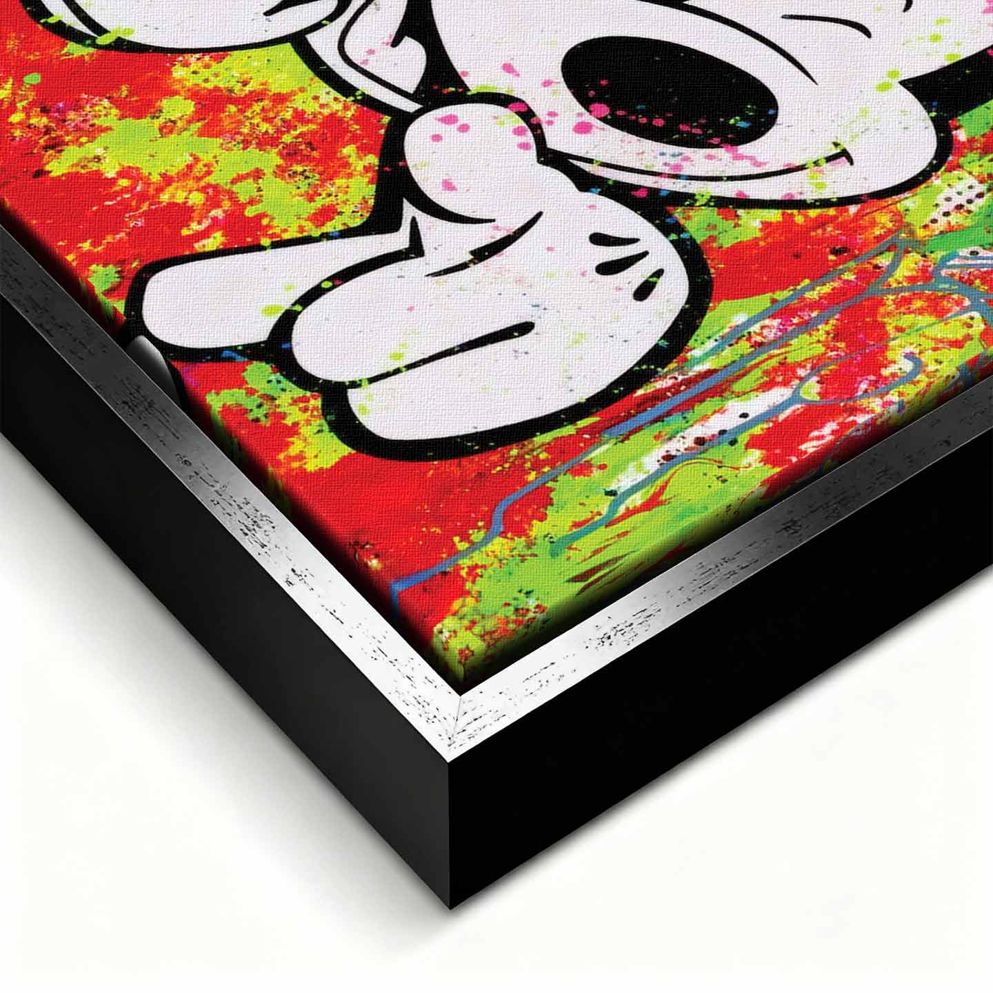 Obraz na płótnie Love You z ikoniczną myszką na czerwono-zielonym tle, kolorowy wydruk galeryjny w stylu pop-art i street art.