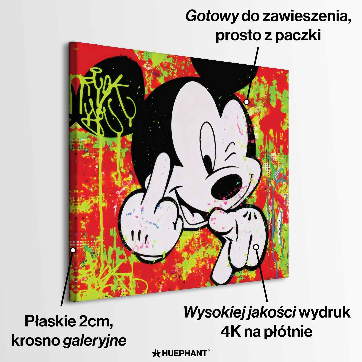 Obraz na płótnie Love You z ikoniczną myszką na czerwono-zielonym tle, kolorowy wydruk galeryjny w stylu pop-art i street art.