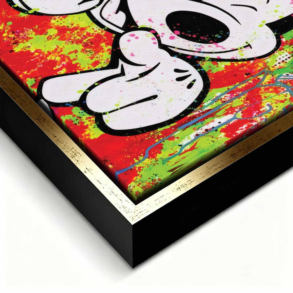 Obraz na płótnie Love You z ikoniczną myszką na czerwono-zielonym tle, kolorowy wydruk galeryjny w stylu pop-art i street art.