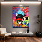 Obraz na płótnie Myszka Miki Designer Mouse niosącą pudełka Chanel, Dior i Cartier na tle kolorowego graffiti, symbol luksusu i pop-artowego stylu.