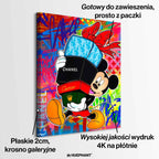 Obraz na płótnie Myszka Miki Designer Mouse niosącą pudełka Chanel, Dior i Cartier na tle kolorowego graffiti, symbol luksusu i pop-artowego stylu.