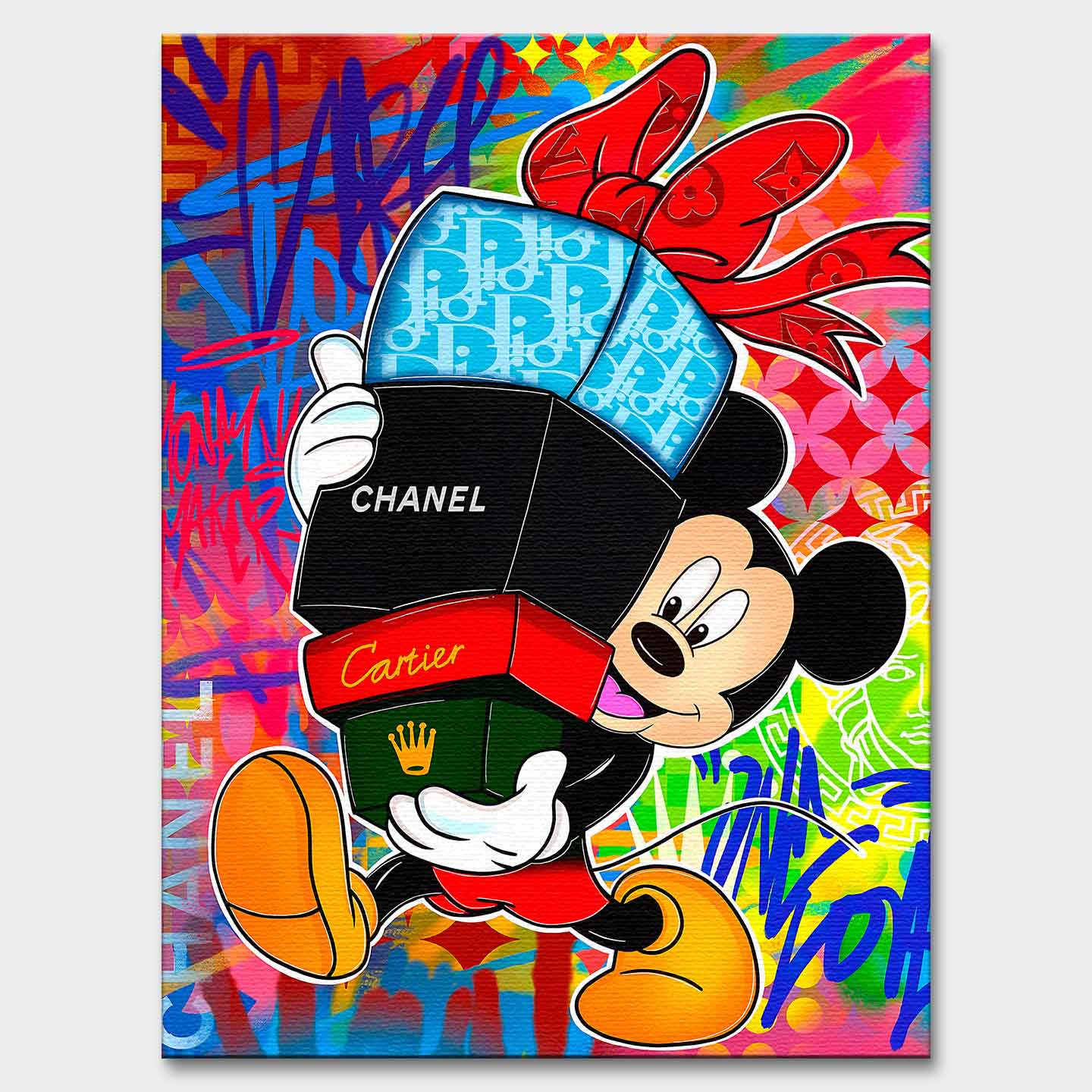 Obraz na płótnie Myszka Miki Designer Mouse niosącą pudełka Chanel, Dior i Cartier na tle kolorowego graffiti, symbol luksusu i pop-artowego stylu.