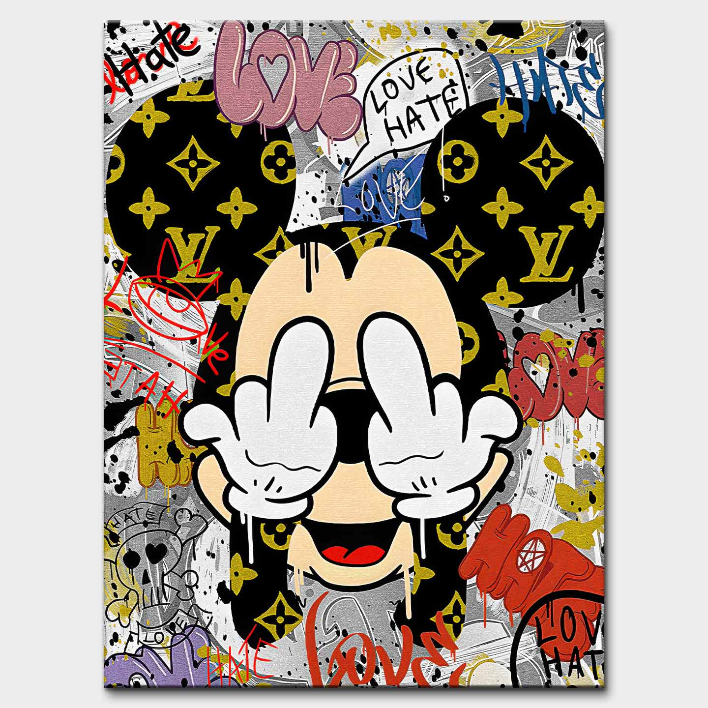Obraz na płótnie More Love z Myszką Miki w stylu street-art, motyw love/hate, kolorowe graffiti i luksusowe akcenty.