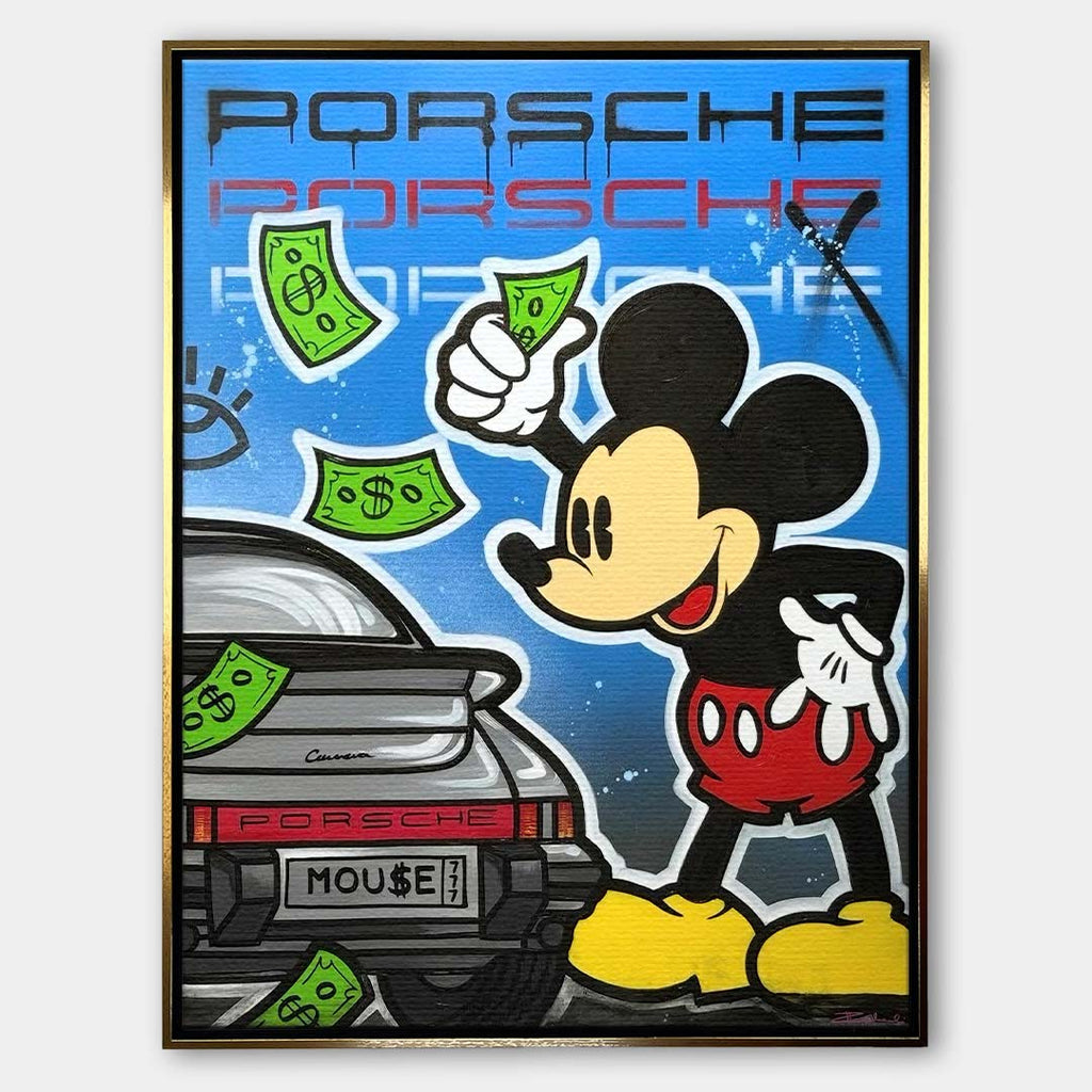 Nowoczesny obraz na płótnie street art przedstawiający postać myszki, sportowe auto i banknoty, wydruk galeryjny.