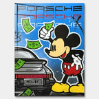 Nowoczesny obraz na szkle akrylowym street art przedstawiający postać myszki, sportowe auto i banknoty, wydruk galeryjny.