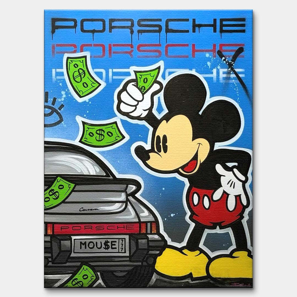 Nowoczesny obraz na płótnie street art przedstawiający postać myszki, sportowe auto i banknoty, wydruk galeryjny.