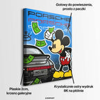 Nowoczesny obraz na płótnie street art przedstawiający postać myszki, sportowe auto i banknoty, wydruk galeryjny.