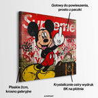 Obraz na płótnie street art przedstawiający postać myszki na czerwonym tle graffiti obok torby z gotówką, wydruk galeryjny.