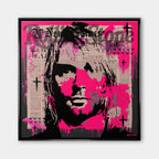 Portret Kurta Cobaina na płótnie z różowym tłem w stylu graffiti i pop-art z motywem Rolling Stone. Nowoczesny wydruk galeryjny dla fanów rocka.