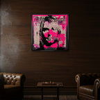 Portret Kurta Cobaina na płótnie z różowym tłem w stylu graffiti i pop-art z motywem Rolling Stone. Nowoczesny wydruk galeryjny dla fanów rocka.