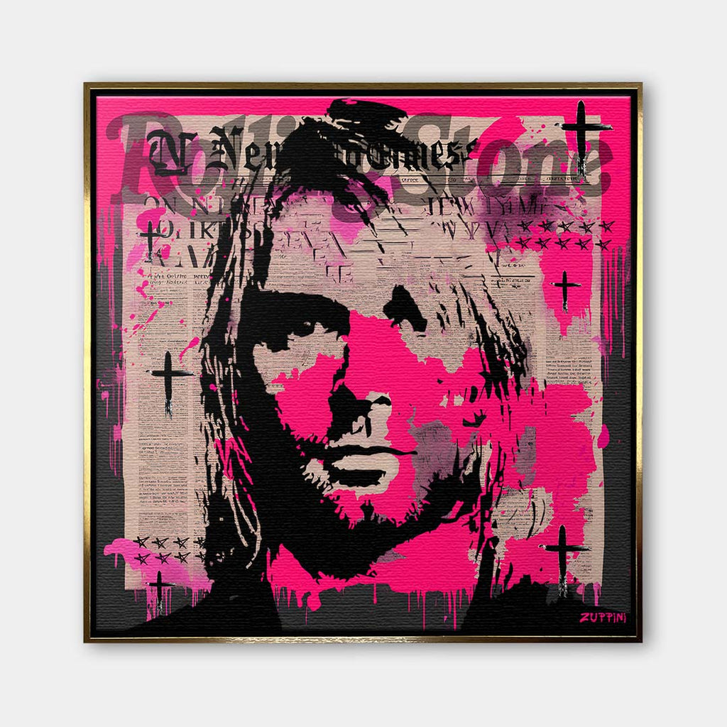Portret Kurta Cobaina na płótnie z różowym tłem w stylu graffiti i pop-art z motywem Rolling Stone. Nowoczesny wydruk galeryjny dla fanów rocka.