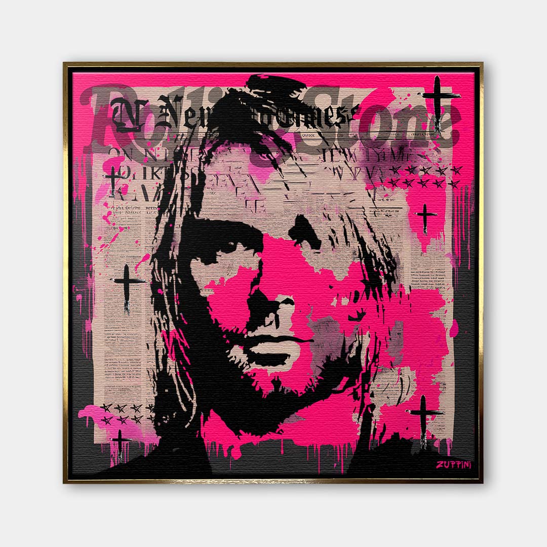 Portret Kurta Cobaina na płótnie z różowym tłem w stylu graffiti i pop-art z motywem Rolling Stone. Nowoczesny wydruk galeryjny dla fanów rocka.