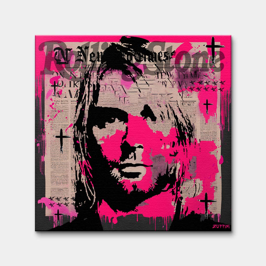 Portret Kurta Cobaina na płótnie z różowym tłem w stylu graffiti i pop-art z motywem Rolling Stone. Nowoczesny wydruk galeryjny dla fanów rocka.