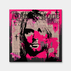 Portret Kurta Cobaina na płótnie z różowym tłem w stylu graffiti i pop-art z motywem Rolling Stone. Nowoczesny wydruk galeryjny dla fanów rocka.