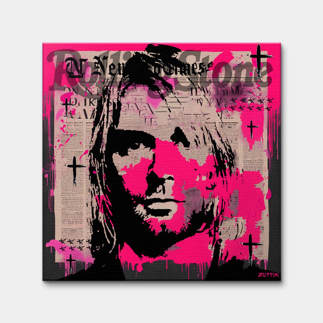 Portret Kurta Cobaina na płótnie z różowym tłem w stylu graffiti i pop-art z motywem Rolling Stone. Nowoczesny wydruk galeryjny dla fanów rocka.