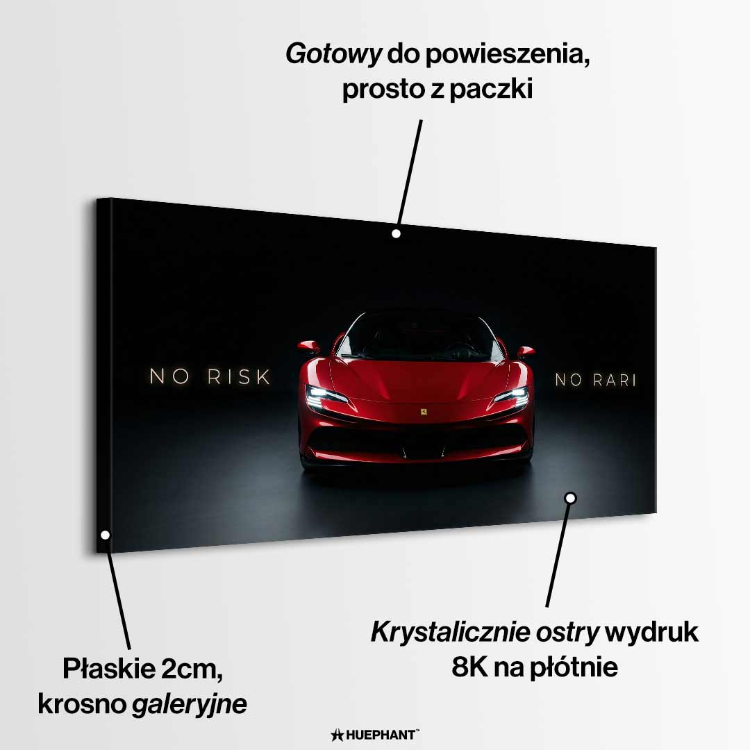 Obraz na płótnie z czerwonym supersamochodem i napisem No Risk No Rari, nowoczesny wydruk galeryjny do salonu, biura lub garażu.