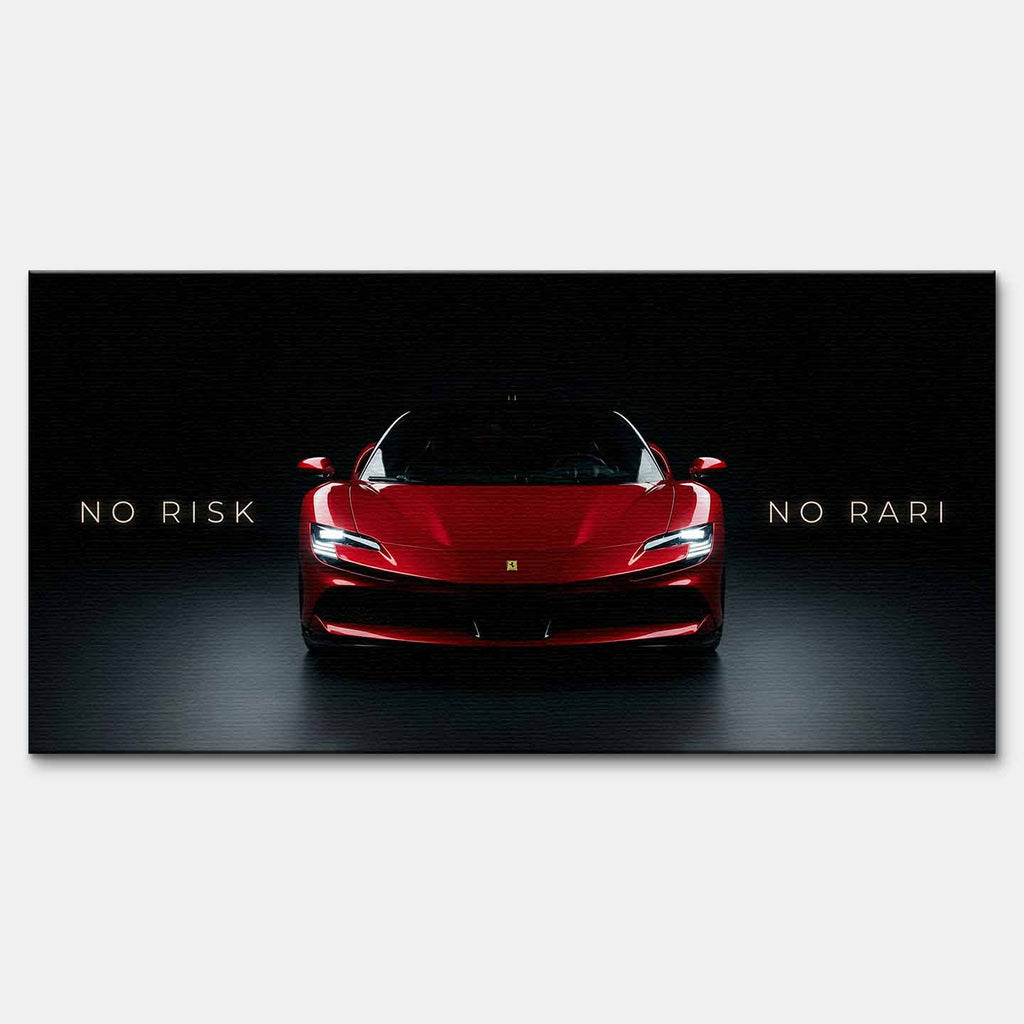 Obraz na płótnie z czerwonym supersamochodem i napisem No Risk No Rari, nowoczesny wydruk galeryjny do salonu, biura lub garażu.