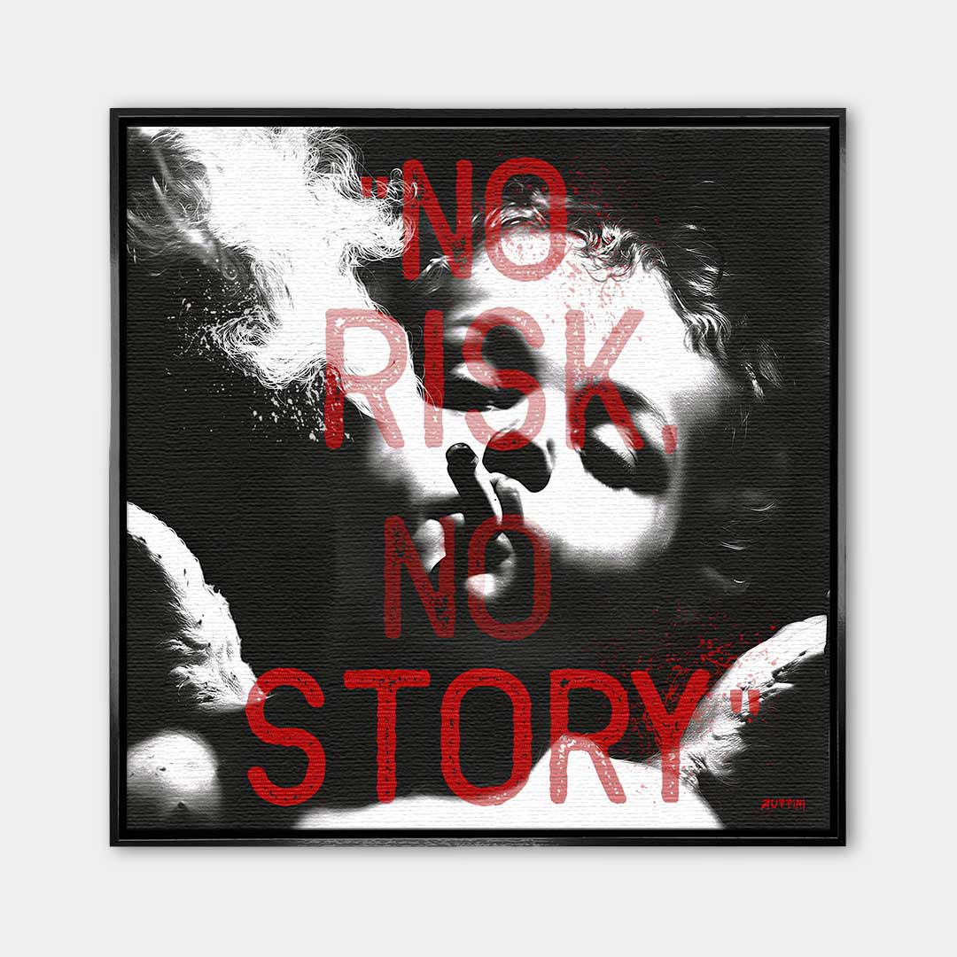Nowoczesny obraz na płótnie No Risk No Story ANGEL, czarno-biały portret dziecka z cygarem i dymem, czerwony napis, wydruk galeryjny Huephant.