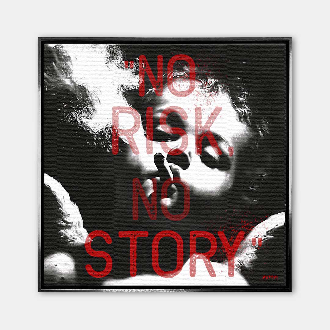 Nowoczesny obraz na płótnie No Risk No Story ANGEL, czarno-biały portret dziecka z cygarem i dymem, czerwony napis, wydruk galeryjny Huephant.