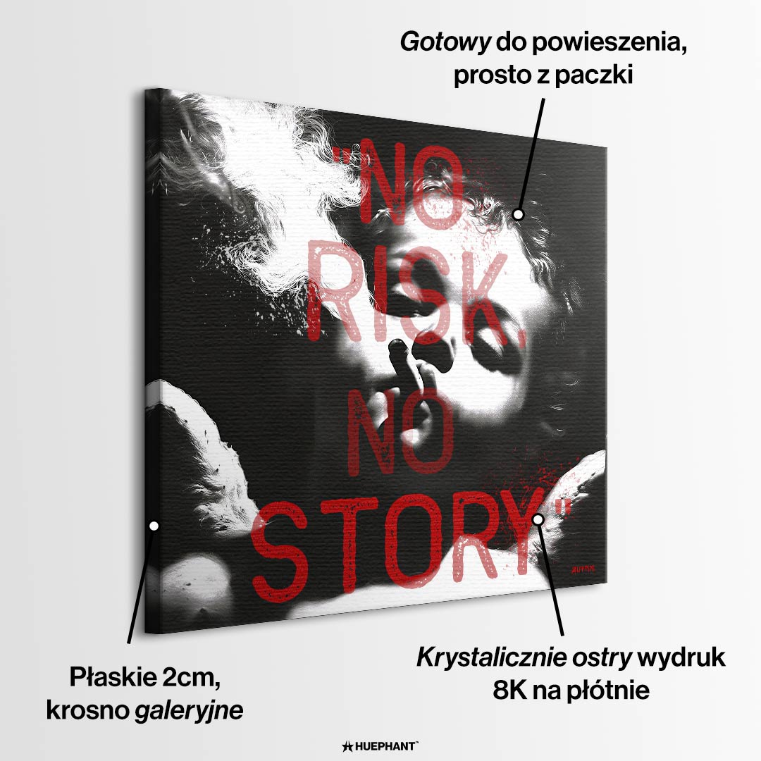 Nowoczesny obraz na płótnie No Risk No Story ANGEL, czarno-biały portret dziecka z cygarem i dymem, czerwony napis, wydruk galeryjny Huephant.