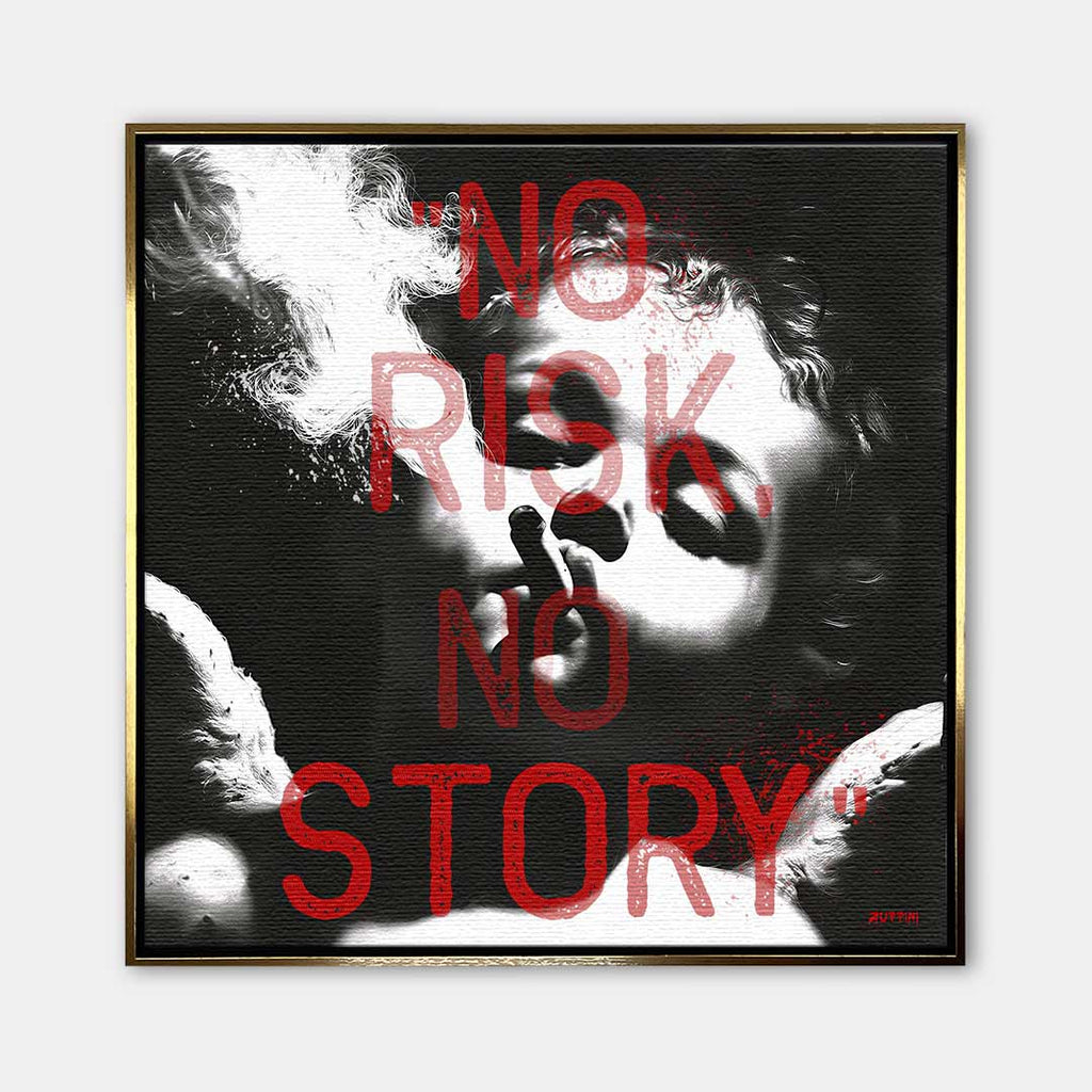 Nowoczesny obraz na płótnie No Risk No Story ANGEL, czarno-biały portret dziecka z cygarem i dymem, czerwony napis, wydruk galeryjny Huephant.