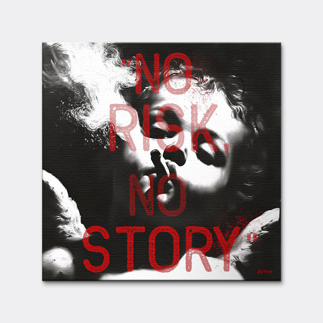 Nowoczesny obraz na płótnie No Risk No Story ANGEL, czarno-biały portret dziecka z cygarem i dymem, czerwony napis, wydruk galeryjny Huephant.