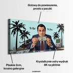 Obraz na płótnie No Risk No Story przedstawiający postać mężczyzny w garniturze trzymającego banknot dolarowy w biurze z palmami. Wydruk galeryjny.