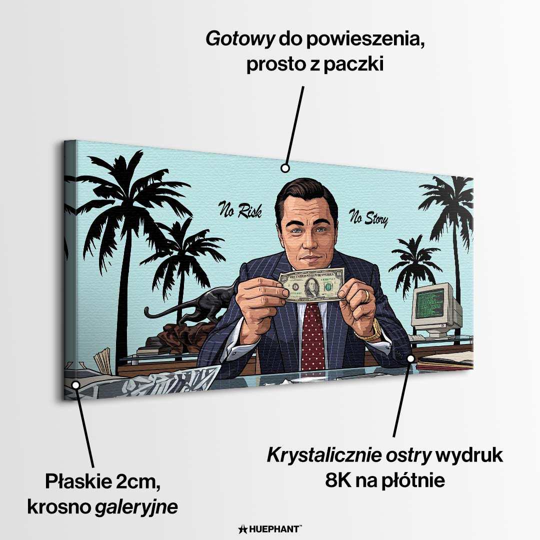 Obraz na płótnie No Risk No Story przedstawiający postać mężczyzny w garniturze trzymającego banknot dolarowy w biurze z palmami. Wydruk galeryjny.