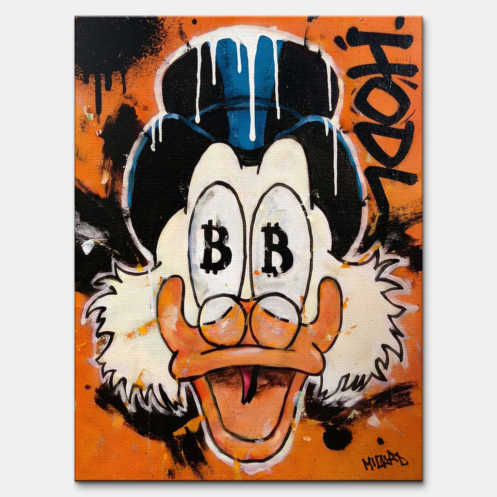 Obraz na płótnie Hodl Duck – stylizowana kaczka z oczami bitcoin, pomarańczowym tłem i graffiti HODL, nowoczesny wydruk galeryjny.