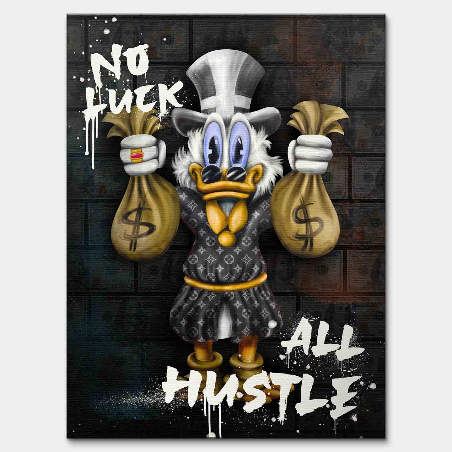 Obraz na płótnie No Luck All Hustle z kaczką, workami pieniędzy i graffiti, nowoczesny wydruk galeryjny w stylu street art.
