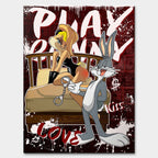 Obraz na płótnie Playbunny – stylizowana para królików, łóżko, graffiti i czerwone tło, nowoczesny wydruk galeryjny pop art.