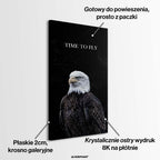 Obraz na płótnie przedstawiający dumnego orła na czarnym tle z napisem Time To Fly, sztuka nowoczesna, wydruk galeryjny w wysokiej rozdzielczości.