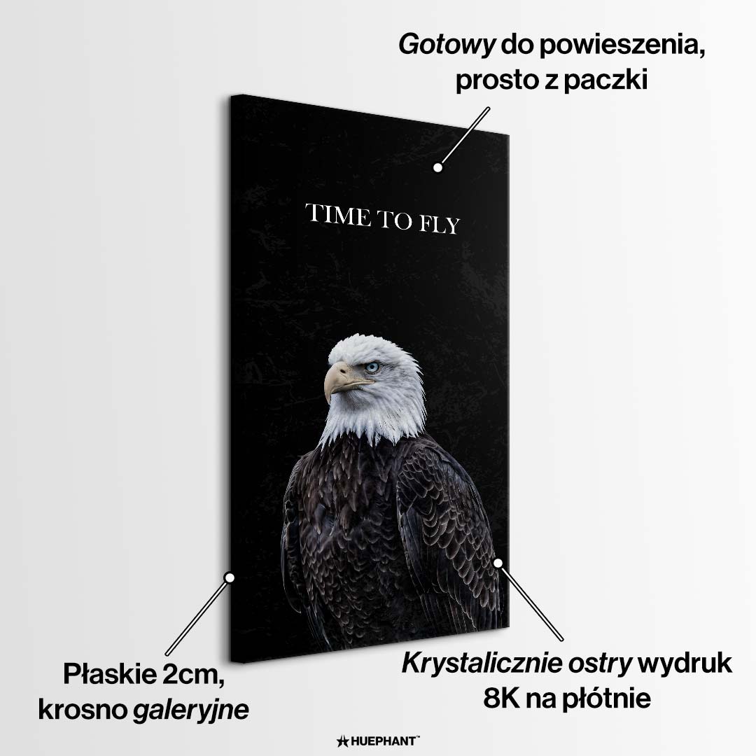 Obraz na płótnie przedstawiający dumnego orła na czarnym tle z napisem Time To Fly, sztuka nowoczesna, wydruk galeryjny w wysokiej rozdzielczości.
