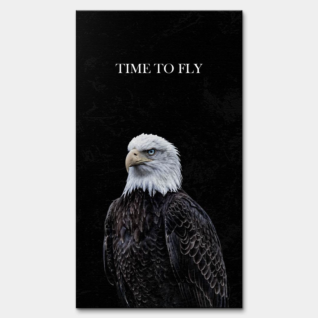Obraz na płótnie przedstawiający dumnego orła na czarnym tle z napisem Time To Fly, sztuka nowoczesna, wydruk galeryjny w wysokiej rozdzielczości.