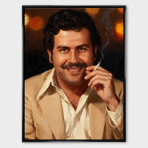 Obraz na płótnie „Pablo Portrait” – portret Pablo Escobara w beżowej marynarce z papierosem, symbol siły i odwagi.