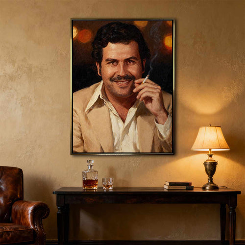 Obraz na płótnie „Pablo Portrait” – portret Pablo Escobara w beżowej marynarce z papierosem, symbol siły i odwagi.