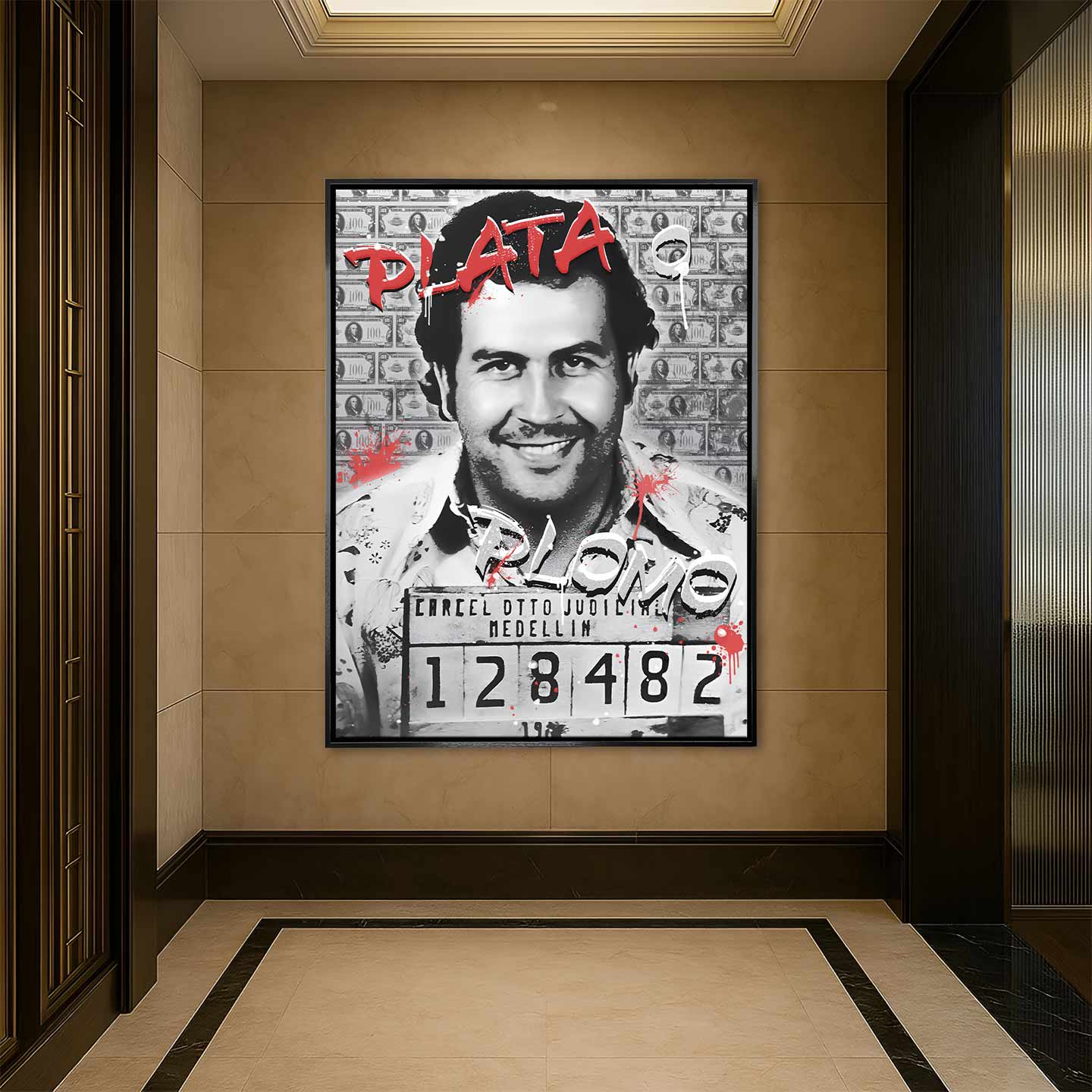 Obraz na płótnie Pablo Plata o Plomo z Pablem Escobarem na tle banknotów, w stylu street-art i pop-art.